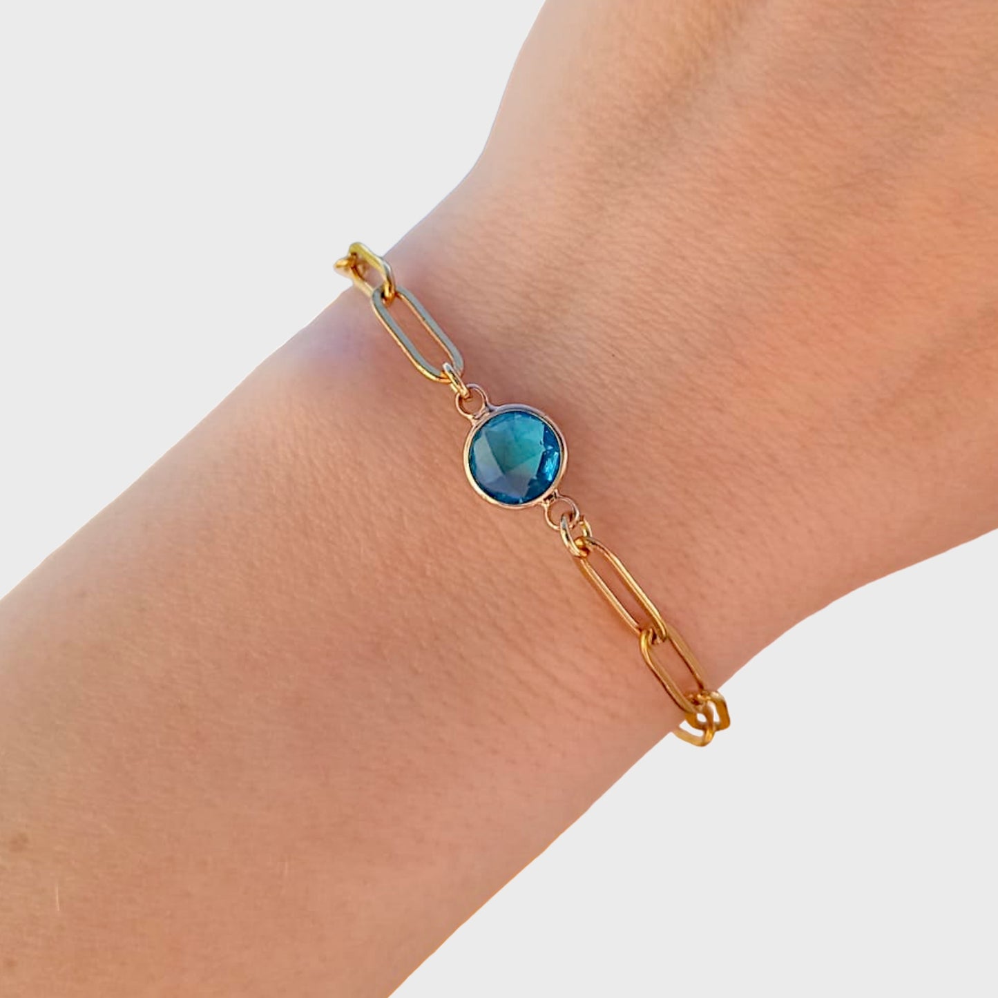 Blue Topaz Gold Paperclip Bracelet