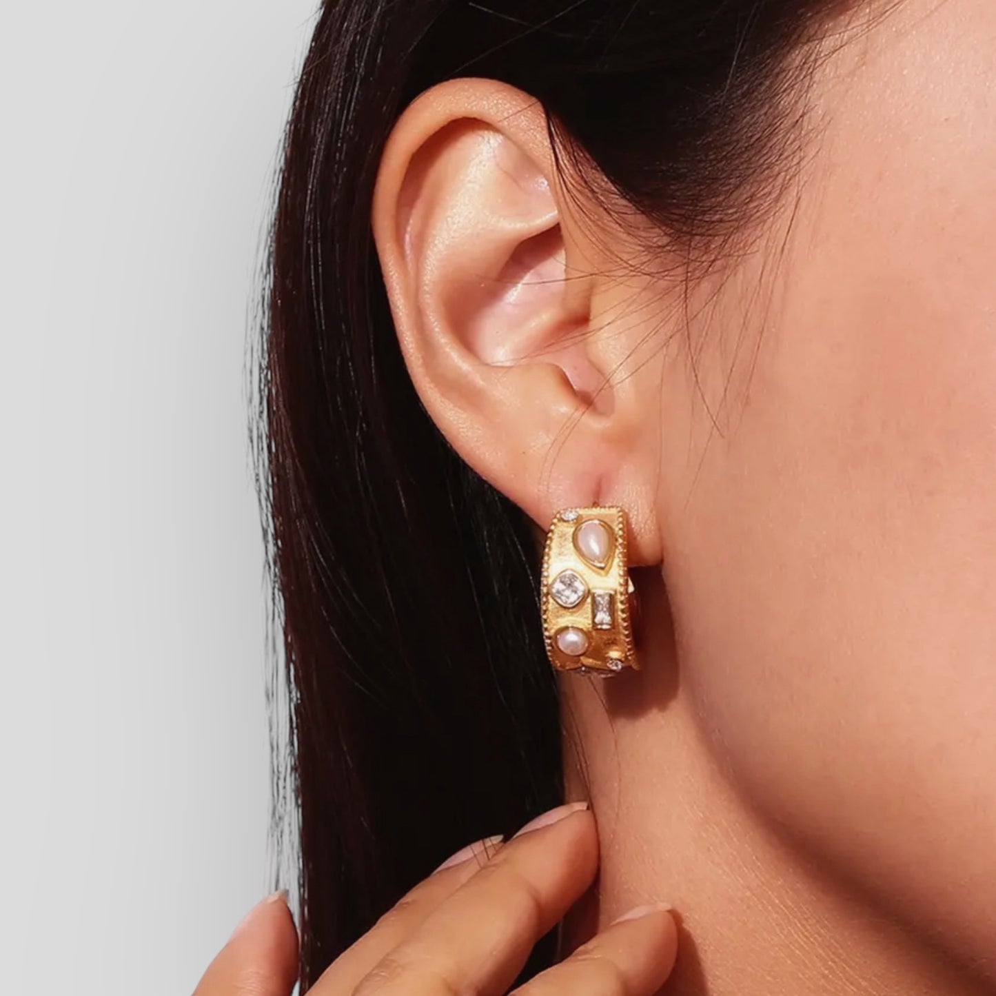 18K Half Hoop Pearl Topaz Earrings