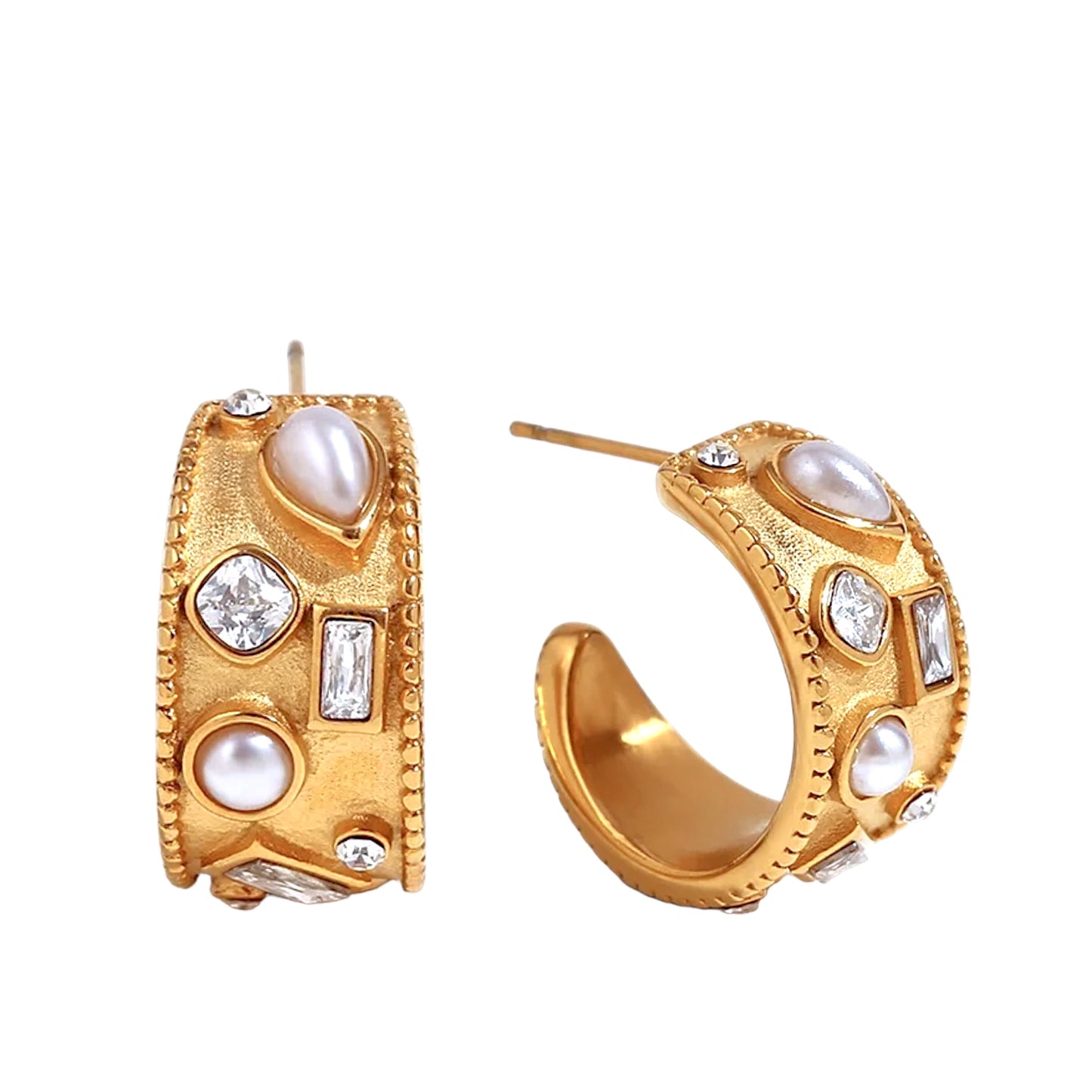 18K Half Hoop Pearl Topaz Earrings