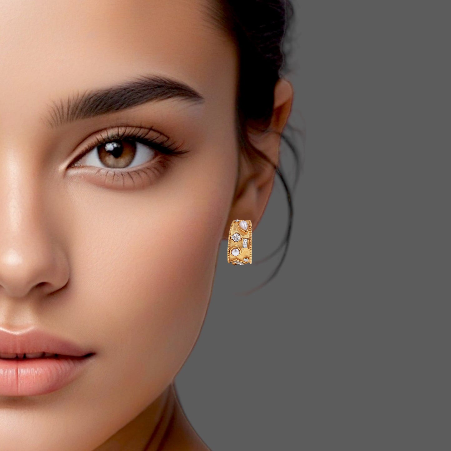 18K Half Hoop Pearl Topaz Earrings