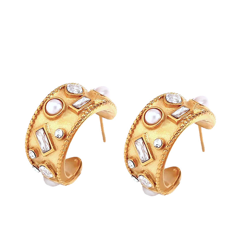 18K Half Hoop Pearl Topaz Earrings