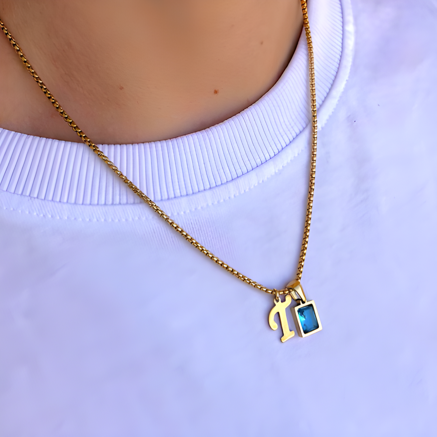 Blue Topaz Birthstone Initial Charm Necklace