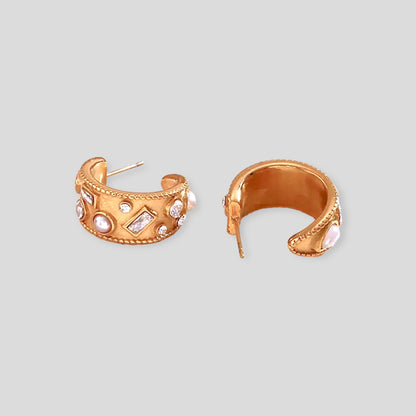 18K Half Hoop Pearl Topaz Earrings