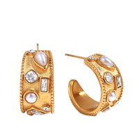 18K Half Hoop Pearl Topaz Earrings