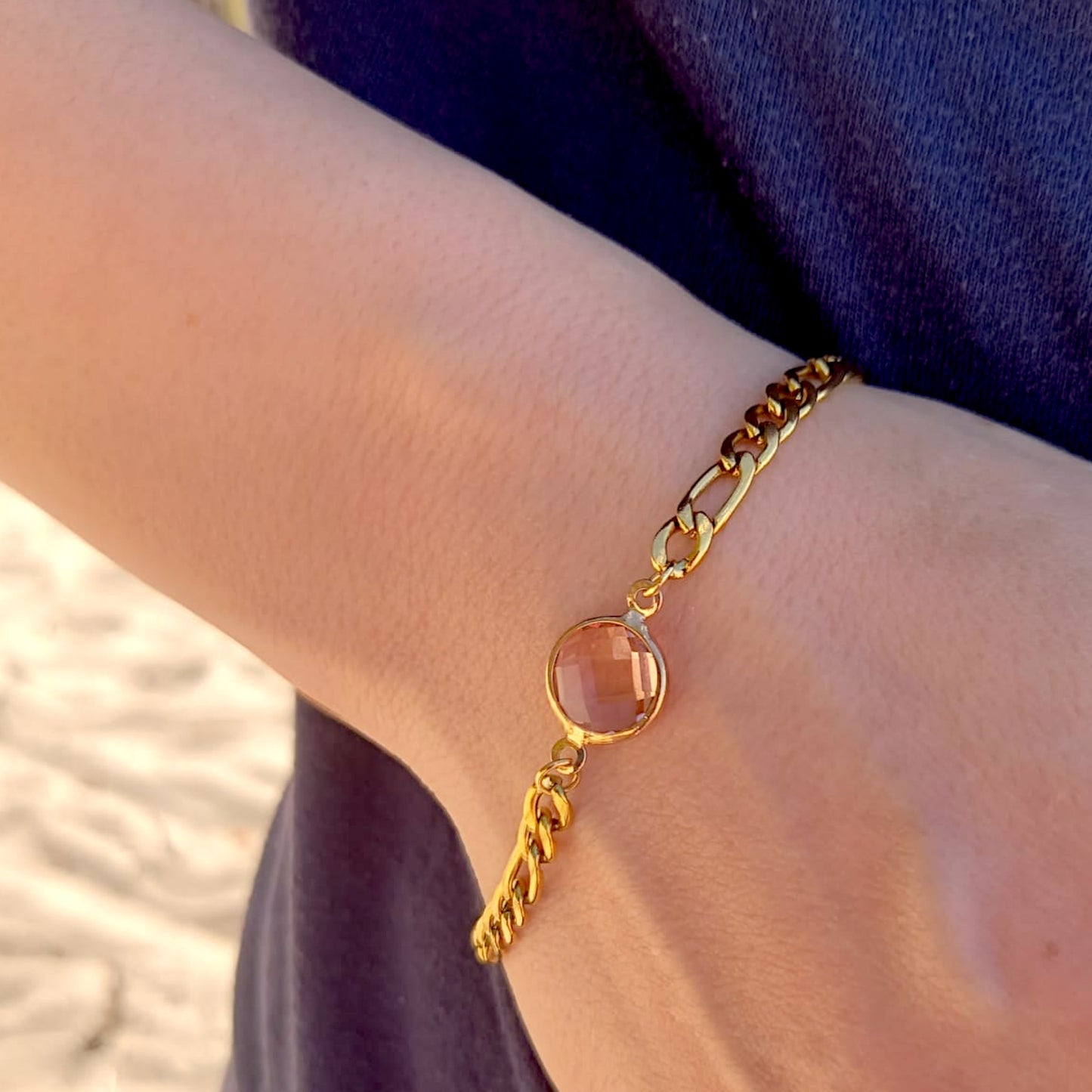 Rose Quartz Figaro Chain Bracelet